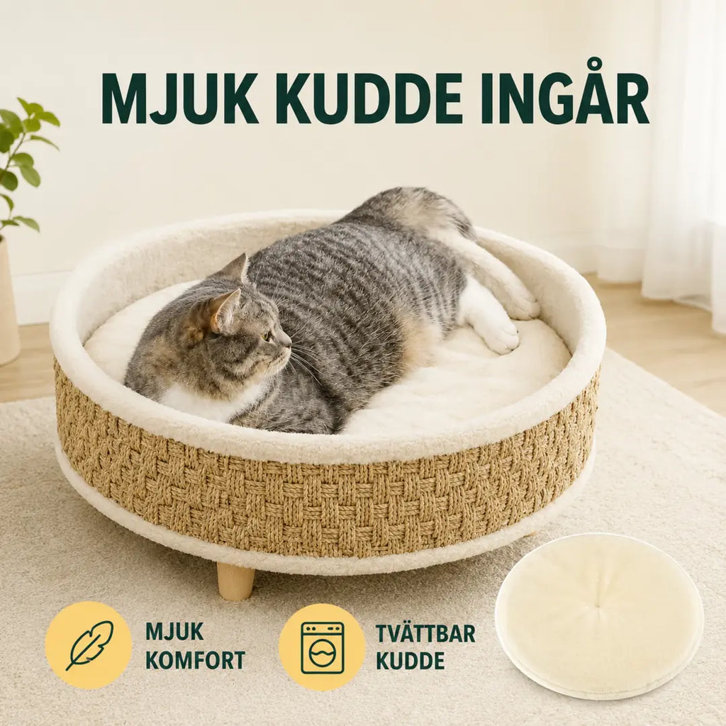 PawHut Djurbädd i Flätat Sjögräs med mjuk tvättbar kudde och katt som vilar - Djurslottet