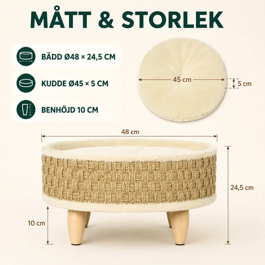 PawHut Djurbädd i Flätat Sjögräs mått Ø48 x 24,5 cm med kudde Ø45 cm och benhöjd 10 cm - Djurslottet