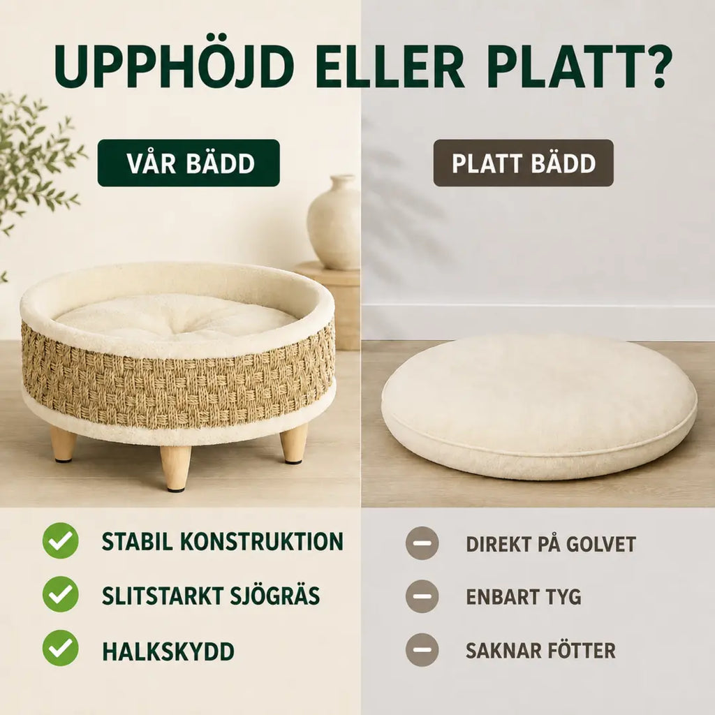 PawHut Djurbädd i Flätat Sjögräs jämförd med en platt bädd direkt på golvet - Djurslottet