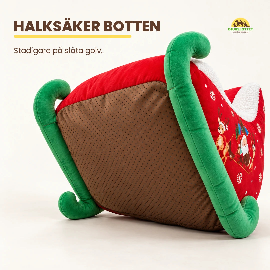 Julig Hundbädd i Slädform med brun halksäker undersida och gröna medar – Djurslottet