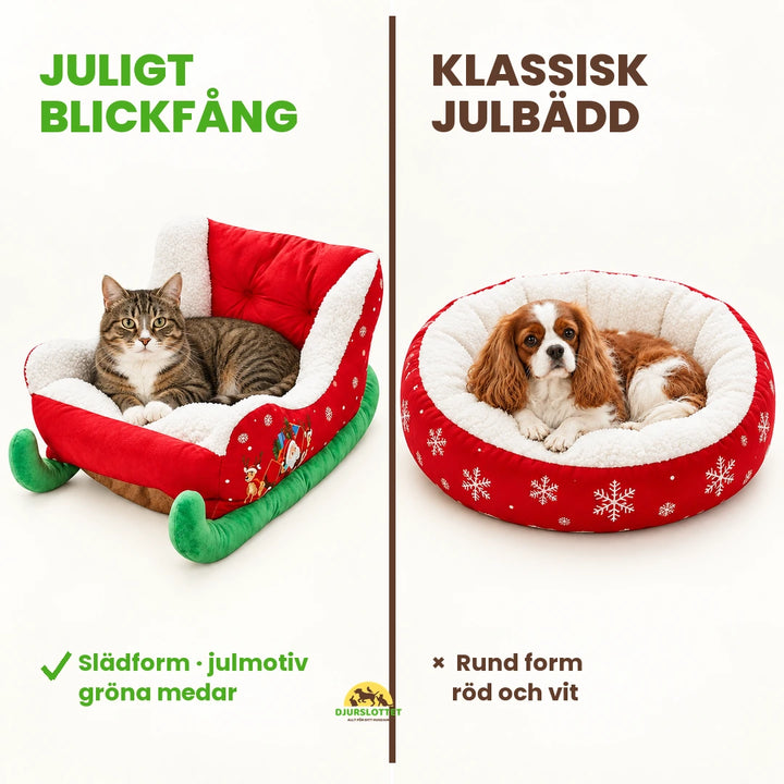 Julig Hundbädd i Slädform jämförd med klassisk rund julbädd – Djurslottet