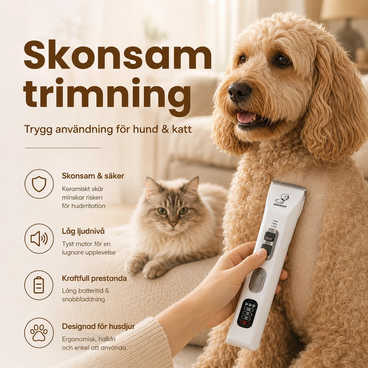 SMEHNSER D9 Djurtrimmer används på hundpäls i hemmiljö med katt i bakgrunden – skonsam trimmer för hund och katt från Djurslottet.