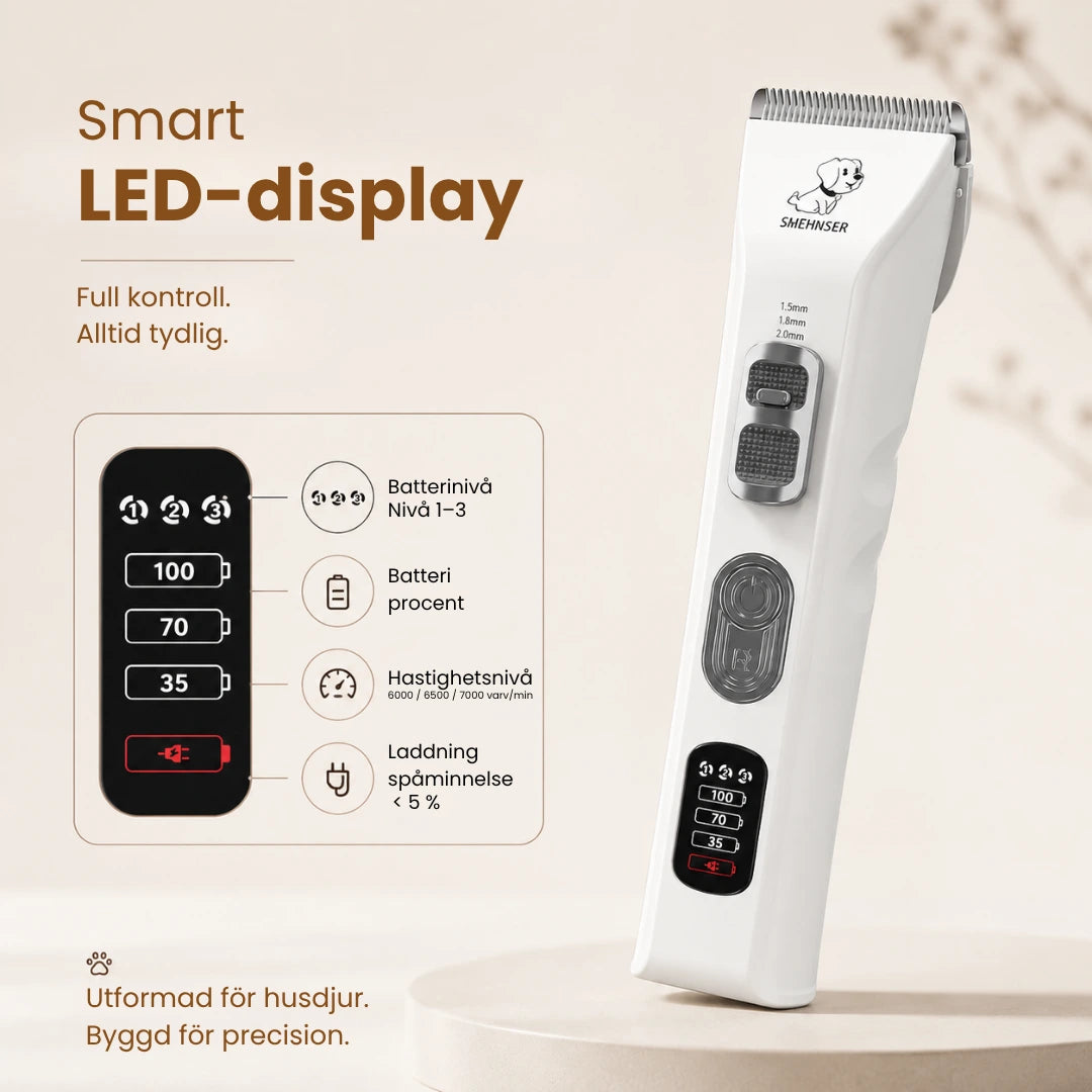 SMEHNSER D9 Djurtrimmer med smart LED-display för batterinivå, hastighet och laddningspåminnelse från Djurslottet