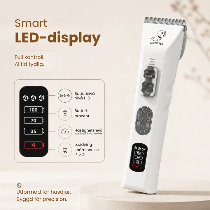 SMEHNSER D9 Djurtrimmer med smart LED-display för batterinivå, hastighet och laddningspåminnelse från Djurslottet