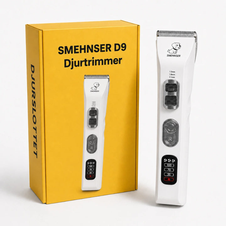 SMEHNSER D9 Djurtrimmer med gul förpackning och vit trimmer från Djurslottet