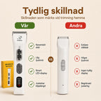 Jämförelsebild för SMEHNSER D9 Djurtrimmer som visar tydlig skillnad mellan vår trimmer och andra alternativ med gröna checkmarkeringar för keramisk skärteknik, låg ljudnivå, smart LED-display och justerbar klipplängd från Djurslottet.