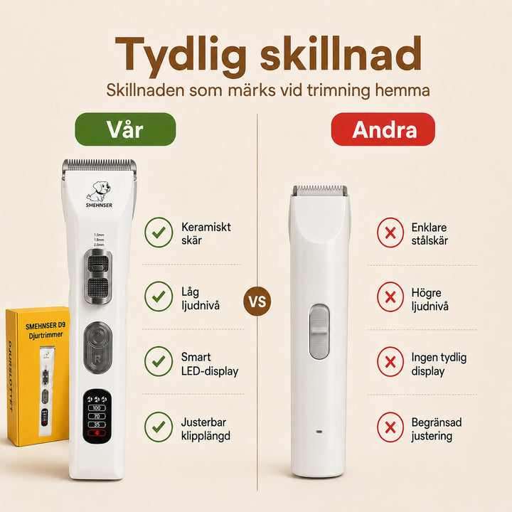 Jämförelsebild för SMEHNSER D9 Djurtrimmer som visar tydlig skillnad mellan vår trimmer och andra alternativ med gröna checkmarkeringar för keramisk skärteknik, låg ljudnivå, smart LED-display och justerbar klipplängd från Djurslottet.