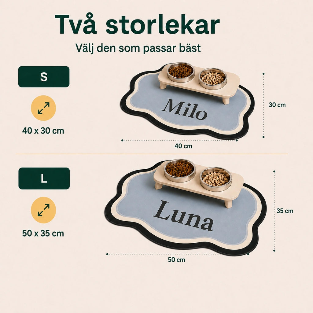 Två storlekar på matskålsunderlägget, 40 x 30 cm och 50 x 35 cm - Djurslottet