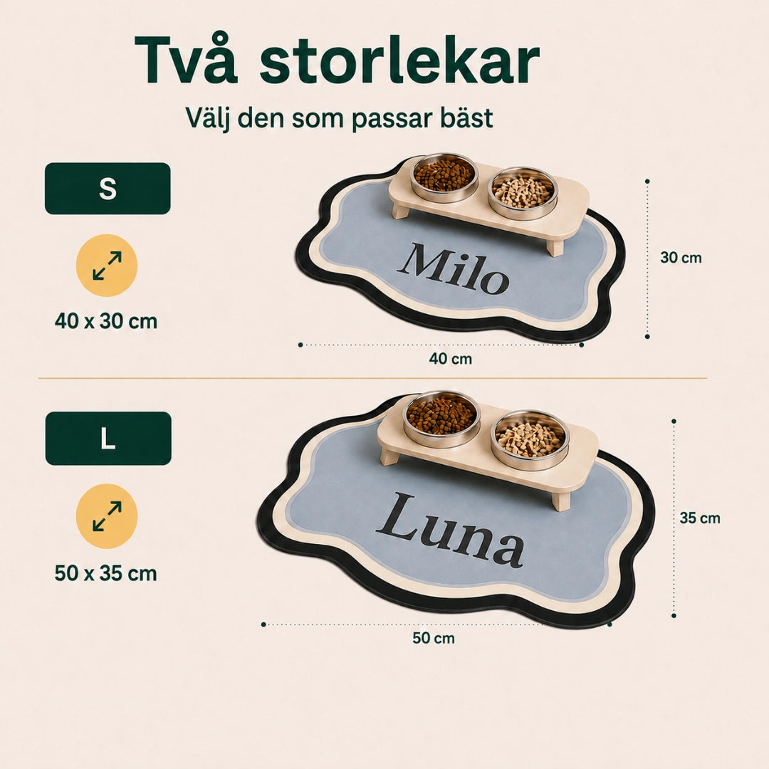 Två storlekar på matskålsunderlägget, 40 x 30 cm och 50 x 35 cm - Djurslottet