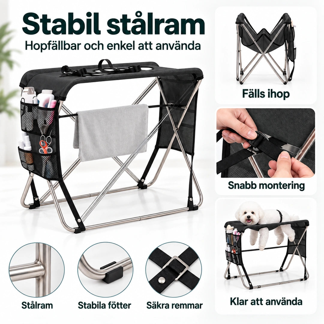 TailCare Trimbord med Hängmatta - Svart hopfällbart trimbord med stålram - Djurslottet