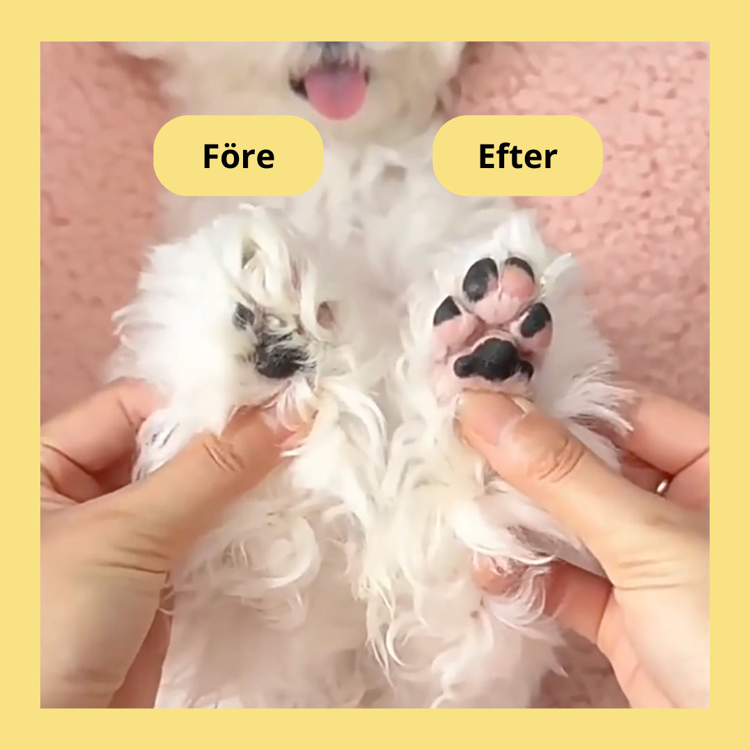 Tass Trimmer, före och efter bild 
Hundtrimmer Tassar, Silvetti Tasstrimmer