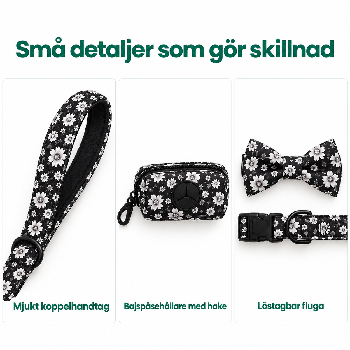 Tassvyn Hundselepaket – mjukt koppelhandtag, bajspåsehållare med hake och löstagbar fluga.