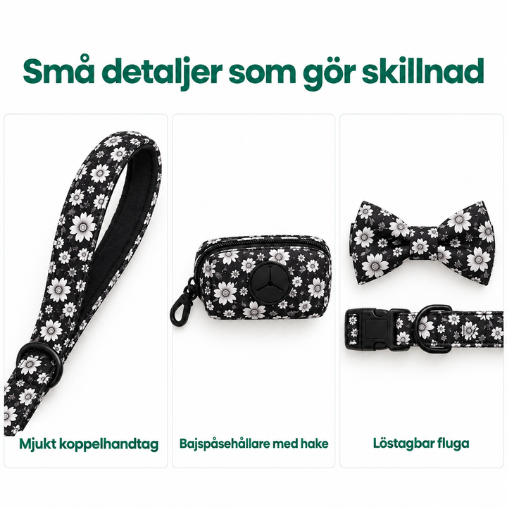 Tassvyn Hundselepaket – mjukt koppelhandtag, bajspåsehållare med hake och löstagbar fluga.