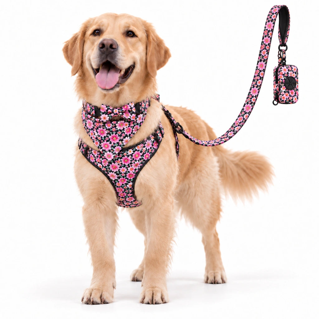 Tassvyn Hundselepaket – Rosa blommönster på golden retriever – Djurslottet