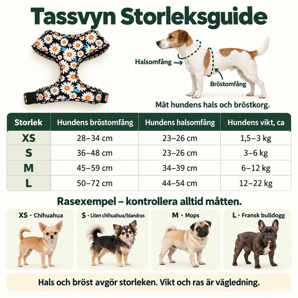 Tassvyn Hundselepaket – mät hundens bröst och hals; XS–L med hundens ungefärliga vikt och rasexempel.