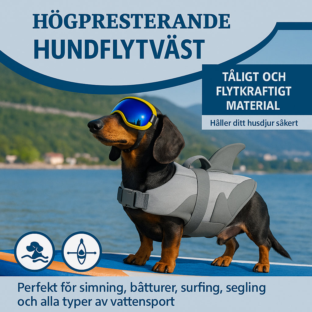 tax i hajformad hundflytväst och skyddsglasögon på paddleboard - Djurslottet
