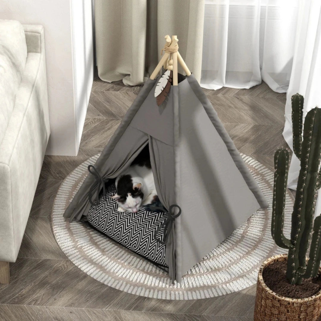 PawHut Tipitält med Dyna sett ovanifrån med katt inuti - Djurslottet
