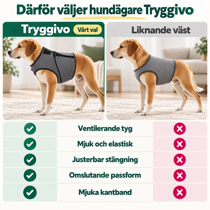Jämförelse av Tryggivo Lugnande hundväst och en vanlig väst – Djurslottet