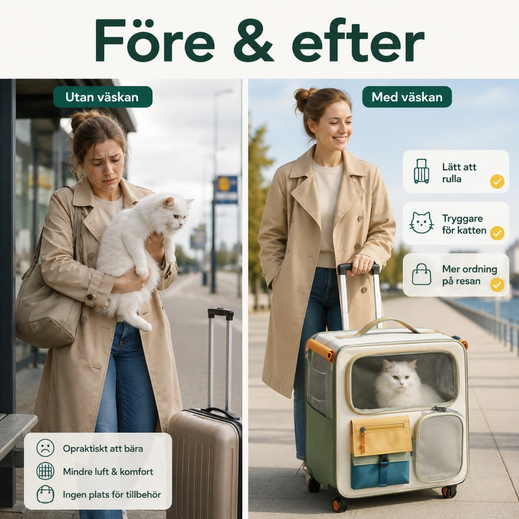 Före och efter med transportväskan på resan - Djurslottet