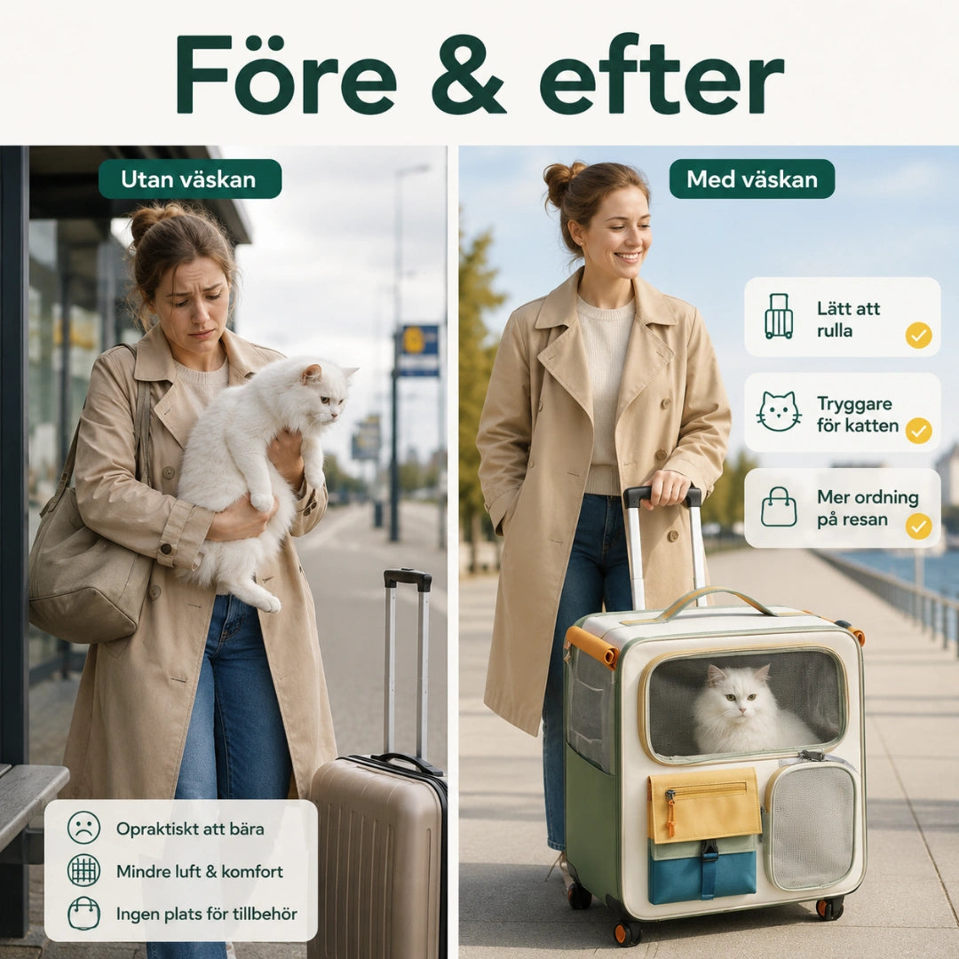 Före och efter med transportväskan på resan - Djurslottet