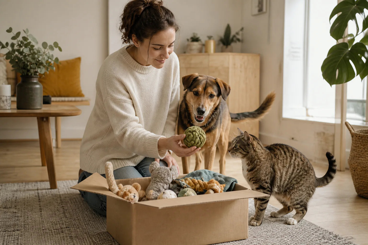 Hund och katt undersöker ett paket med djursaker tillsammans med sin ägare