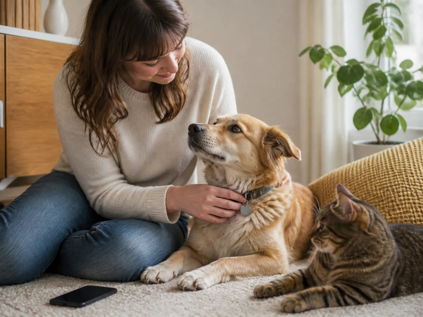 Djurägare sitter lugnt med sin hund och katt och tittar på hundens namnbricka